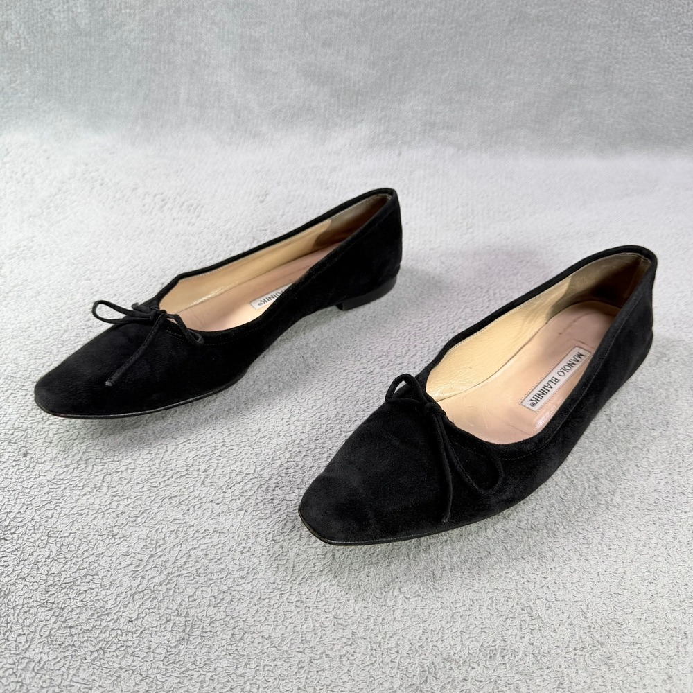 Manolo Blahnik Womens 39.5 Black Suede Pointed Toe Bow Accent Ballet Flats Shoes